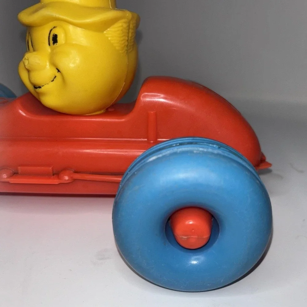 Vintage 1960s Plastic Pull Race Car Red Blue Yellow Driver Toy AS‎ IS